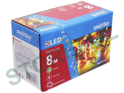 LED Гирлянда Smartbuy с контроллером, RGB, 8м, 120 диодов, IP20, прозрачный провод (SB-RGB-8m)