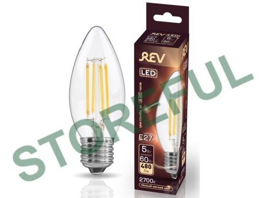 Светодиодная лампа  REV FILAMENT свеча C37 E27 5W, 2700K, DECO Premium теплый свет