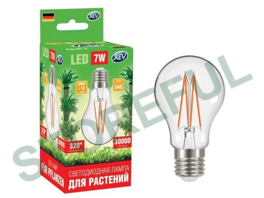 Лампа светодиодная REV GARDEN для ускорения роста растений А60 E27 7W FILAMENT, 575-650Нм, PPF>10