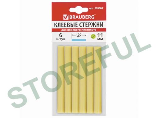 Клеевые стержни, диаметр 11,0мм, длина 100мм, желтые, КОМПЛЕКТ 6 штук "BR-79849", европодвес