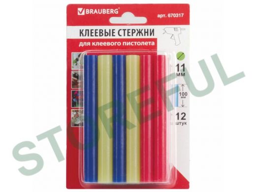 Клеевые стержни, диаметр 11,0мм, длина 100мм, цветные (ассорти), КОМПЛЕКТ 12 штук "BR-79851",блистер