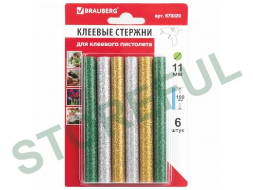 Клеевые стержни, диаметр 11,0мм, длина 100мм, цветные (ассорти),С БЛЕСТКАМИ,КОМПЛЕКТ 6 шт."BR-79854"