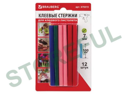 Клеевые стержни, диаметр  7,0мм, длина 100мм, цветные (ассорти), КОМПЛЕКТ 12 штук "BR-79869",блистер