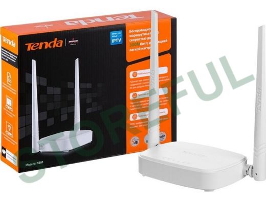 .TENDA N301 WiFi маршрутизатор, 2.4GHz,WLAN300Mbps,802.11bgn+3xLAN RG45 10/100+1xWAN,2x5dBi Antenna