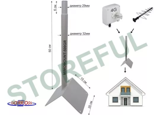 Кронштейн на конек для антенн, диаметр 32мм "MIMOMOUNT-500GR-105610" серый, обжатый, высота 50 см
