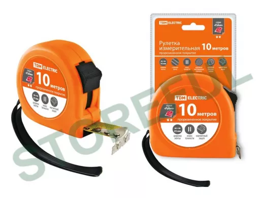 Рулетка TDM 10 м, стальная лента, ширина 25 мм, прорезиненное покрытие, магнит, "Рубин" SQ1018-0108