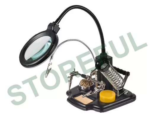 Держатель "PLK-15093" "третья рука" с лупой х3, подставка паяльника, LED подсветка, стенд для припоя