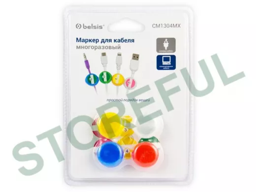 Маркер для кабеля, многоразовый, тип "клипса" круглая со стикером, цветной, 4 шт. в блистере EAN