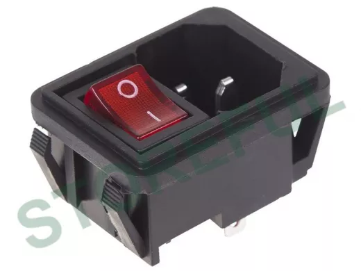 Выключатель клавишный 250V 10А (4с) ON-OFF красный с подсветкой и штекером C14 3PIN  REXANT