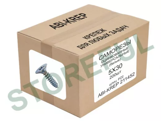 Саморезы универсальные оцинкованные  5 х 30 белые ( 200шт) "ABI-KREP 211452" 0,476кг, шлиц PZ2 2,38г