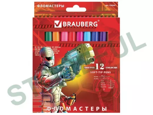 Фломастеры "BR-75438" "Star Patrol", 12 цв., вент.колп., карт. упаковка, увелич. срок службы