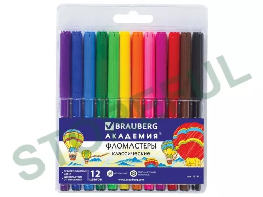 Фломастеры "BR-75446" "АКАДЕМИЯ" 12 цветов, вентилируемый колпачок, ПВХ упаковка