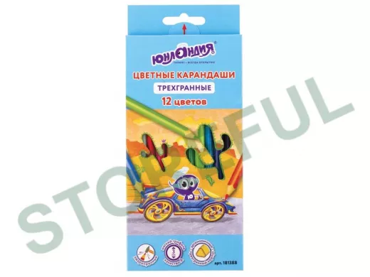 Карандаши цветные "BR-75648" "ЮНЛАНДИК БЫСТРЕЕ ВСЕХ", 12 цветов, трехгранные заточенные