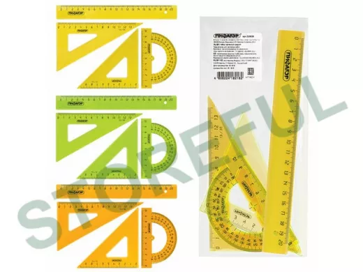 Набор чертежный средний "BR-75870" (линейка 20 см, 2 треуг., трансп.), прозр., неоновый, пакет