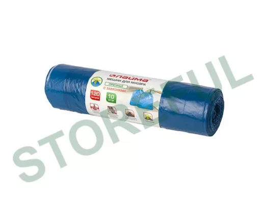 Мешки для мусора 120 литров  завязки, синие, в рулоне 10шт, ПВД, 35мкм, 67х90см, прочные "BR-78259"