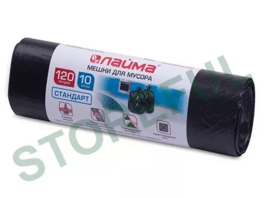Мешки для мусора 120литров, черные, в рулоне 10шт, ПНД, 14мкм, 70х110см(+5%), стандарт "BR-78266"
