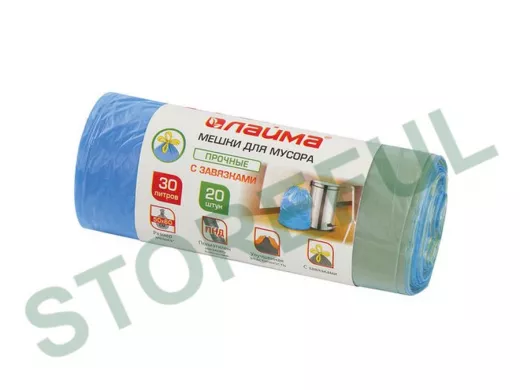 Мешки для мусора  30литров, завязки, синие, в рулоне 20шт, ПНД, 12мкм, 50х60см, прочные "BR-78279"