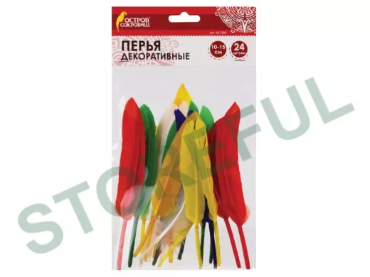 Перья декоративные ПРЯМЫЕ (10-15см), 24шт., 6 цветов, ЯРКИЕ, ассорти "BR-79697"