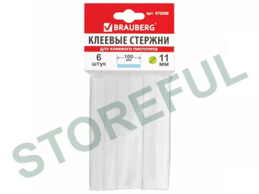 Клеевые стержни, диаметр 11,0мм, длина 100мм, белые, КОМПЛЕКТ 6 штук "BR-79848", европодвес