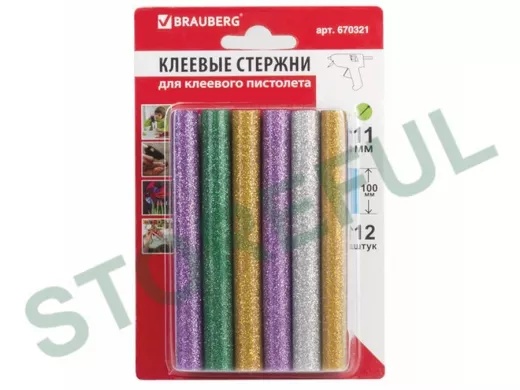 Клеевые стержни, диаметр 11,0мм, длина 100мм, цветные (ассорти),С БЛЕСТКАМИ,КОМПЛЕКТ 12 шт "BR-7985"