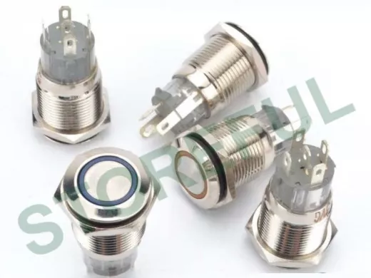 Кнопка без фиксации, металл 16мм., подсветка 12В.